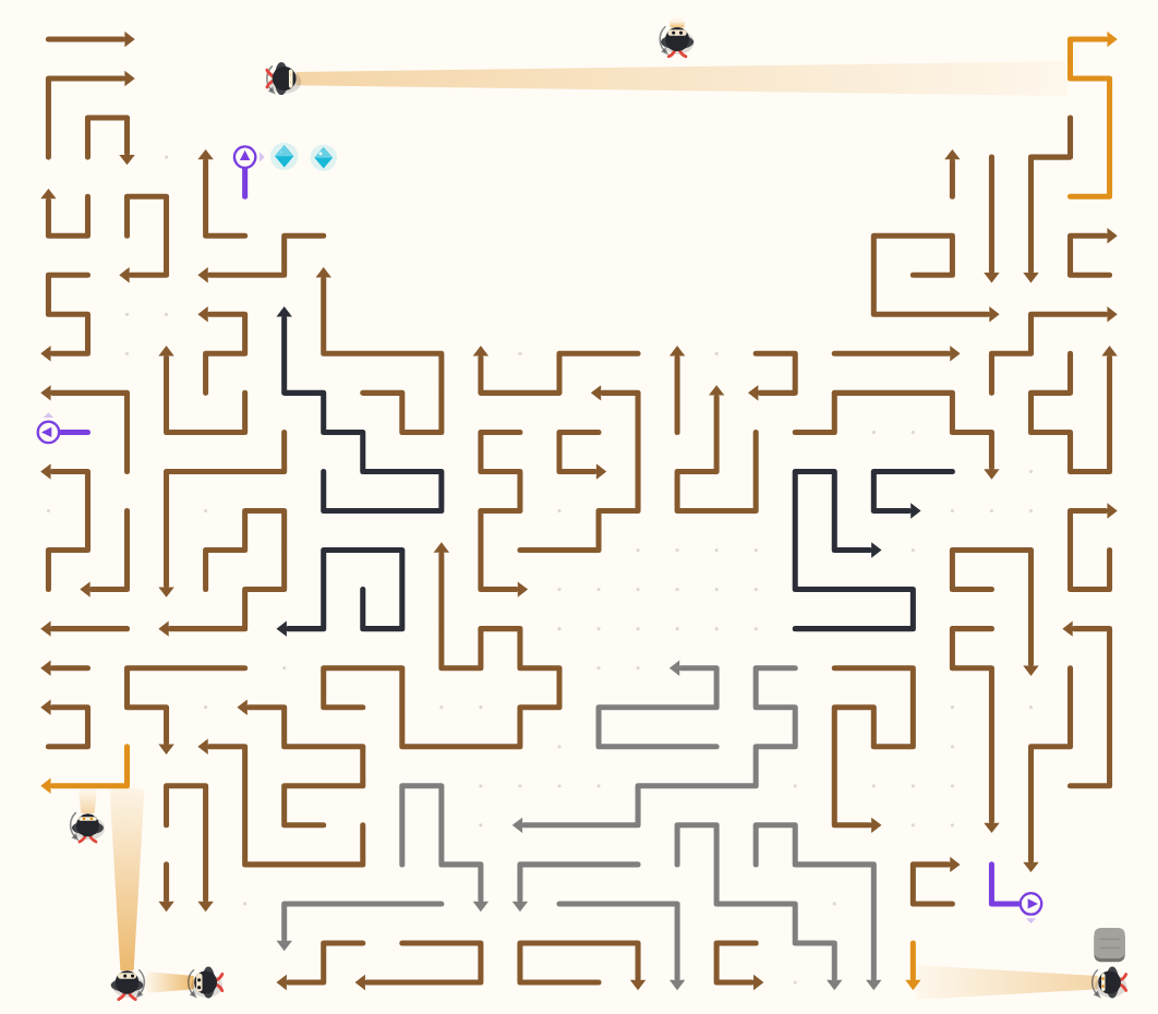 The complete arrow layout of the actual Cat puzzle, with guards and their sight lines