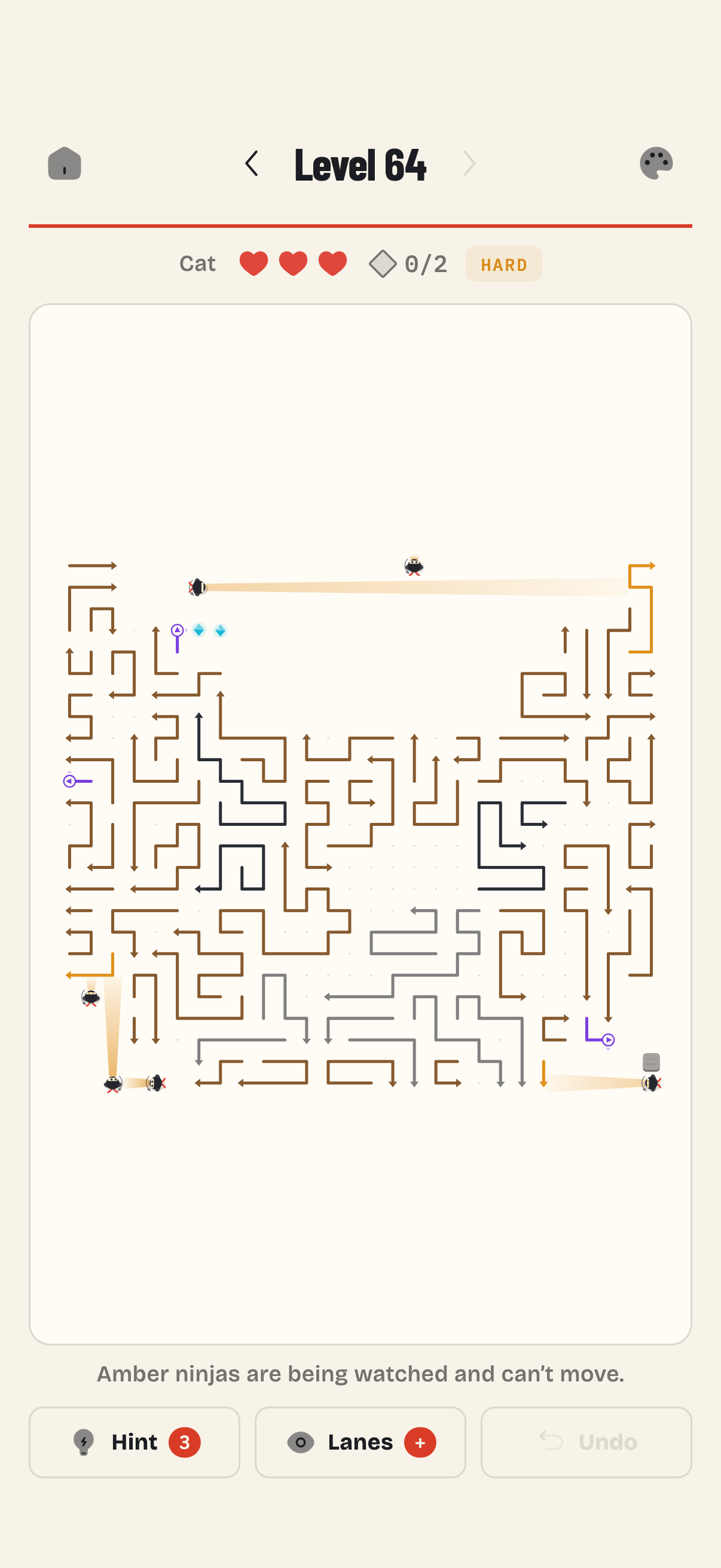 Arrow Assassin gameplay: Level 64, Cat, with guards, gems, hearts and the Hint, Lanes and Undo controls