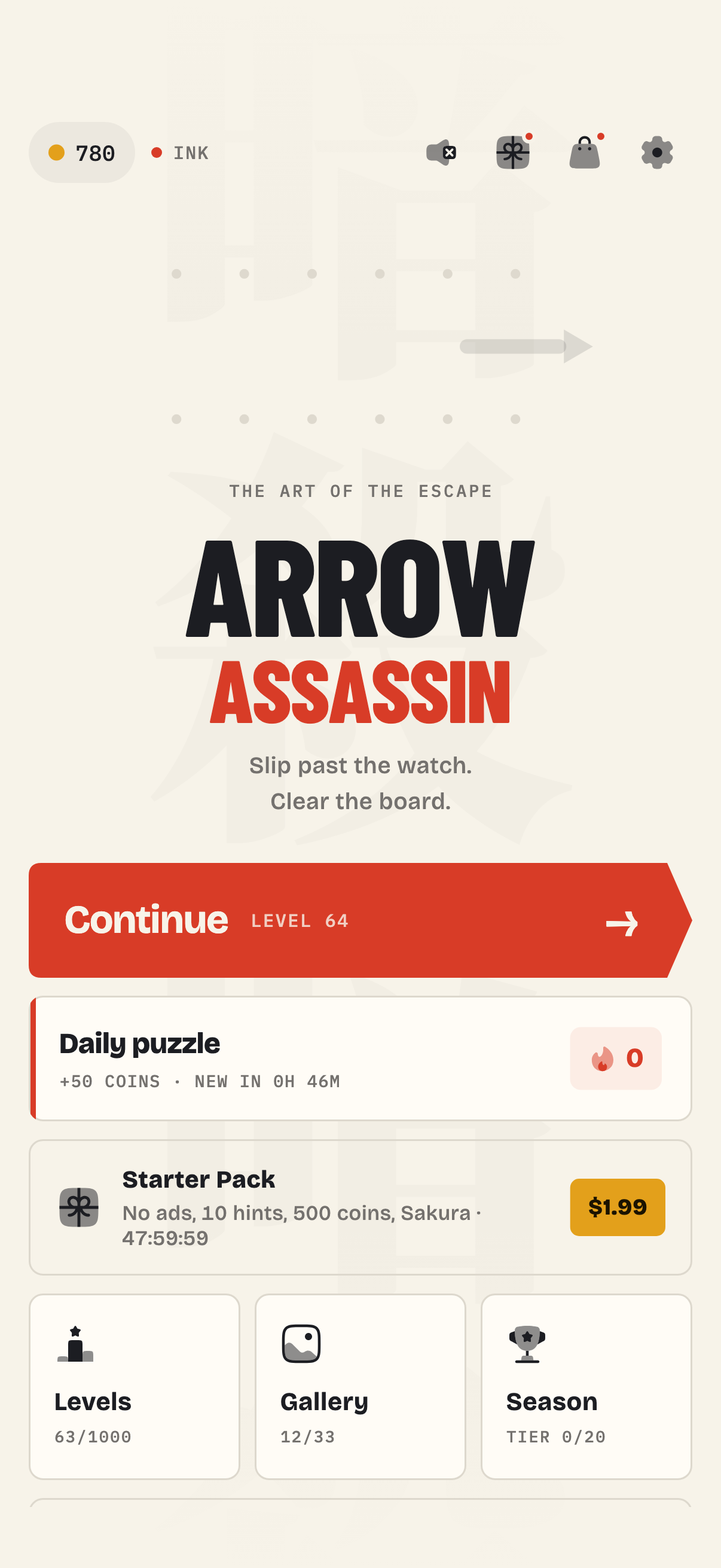 Actual Arrow Assassin home screen with Continue, Daily puzzle, Levels, Gallery and Season