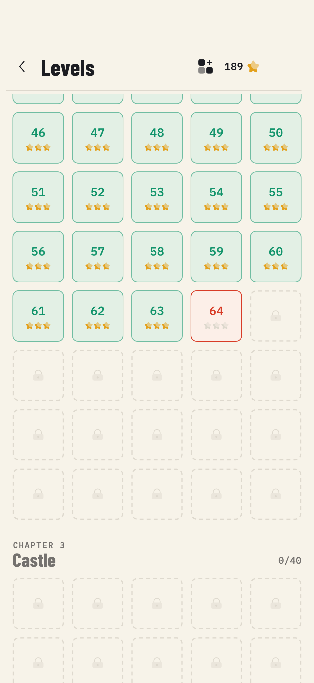 Actual level selection screen with chapter names, stars, cleared levels and locked missions